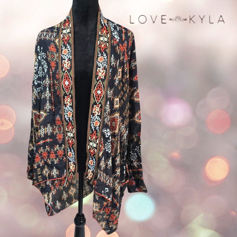 Love Kyla Womens Boho Print Open Front Kimono Cardigan Black XL